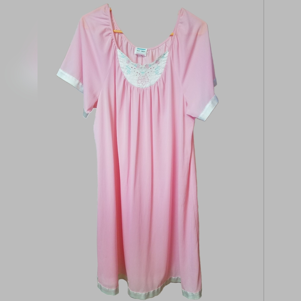 Kelly Reed Nightgown Bubblegum Pink, Embroidery, Silky Nylon Size L, Vintage.